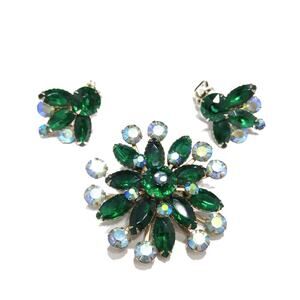 Mid-Century Green Rhinestone Flower Brooch & Earrings, Aurora Borealis, 1950s